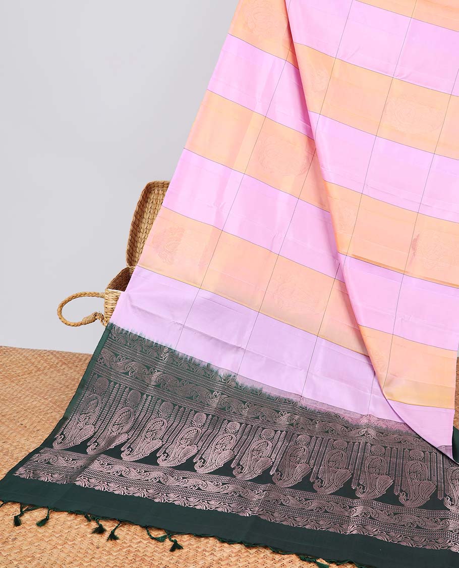 Borderless multi-color checked soft silk saree with floral zari design pallu