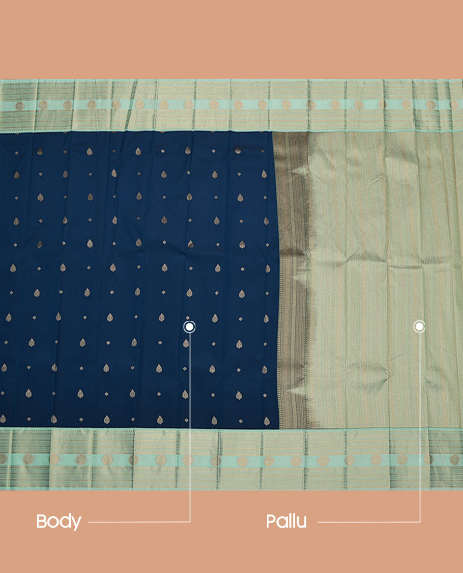 Blue Budget Silk Saree, Subtly Woven with Zari Buttas, Contrast Traditional Zari Design Featured Border, Pallu of Geometric Design, and a Contrast Blouse