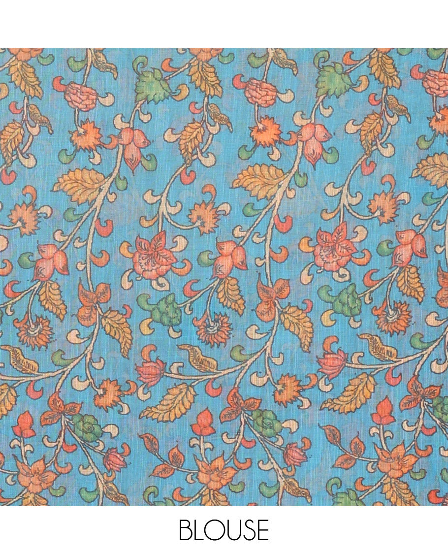 Borderless yellow pichwai lotus printed linen saree, contrast kalamkari floral vine printed pallu & contrast kalamkari floral vine printed blouse