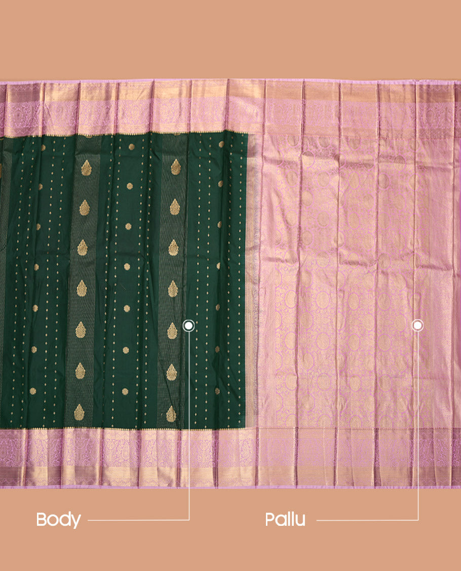 Green Budget Silk Saree, Decked Up with Zari Buttas, Contrast Traditional Zari Border, Grand Pallu, and a Contrast Blouse