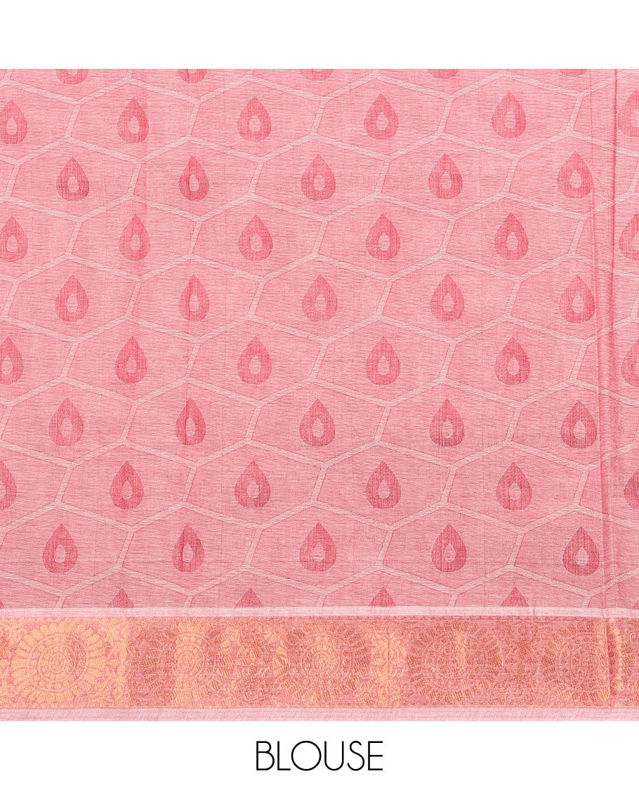 Pink butta enclosed geometric patterned Combatiore cotton saree, chakram zari border & pallu steeped with chakram designs