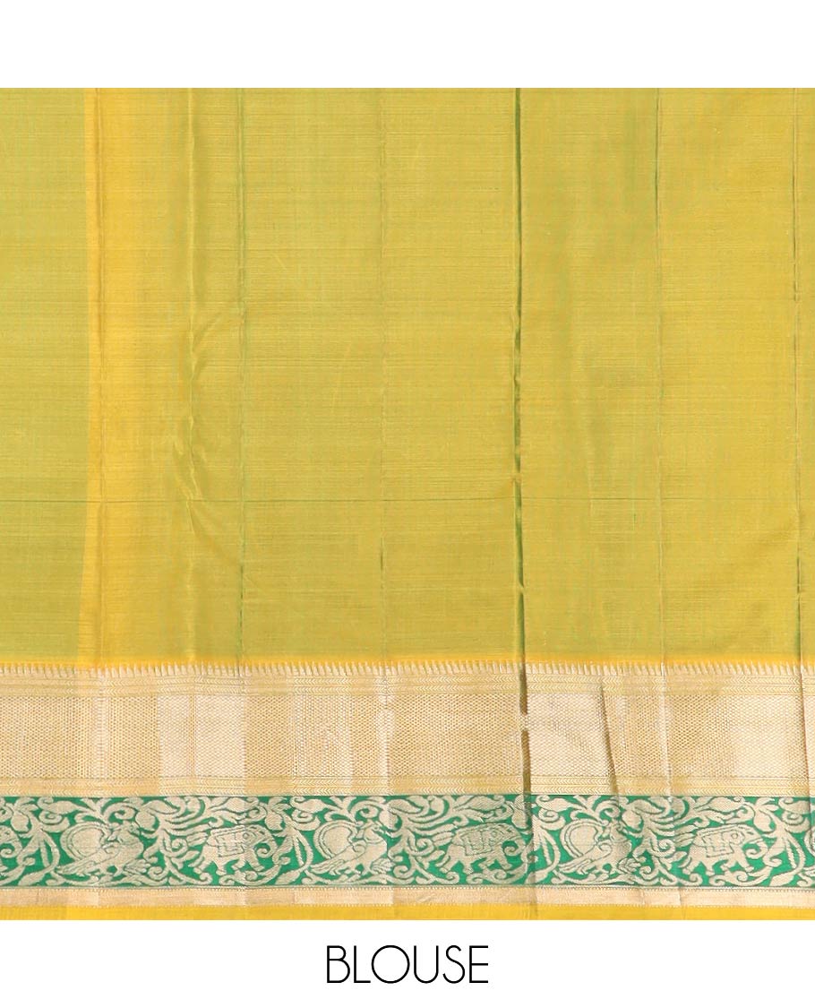 Blue buttas silksaree, contrast border of rekku,kathir,kuyil kann, yaanai & mayil & pallu of meenakari Mughal-style floral bunches