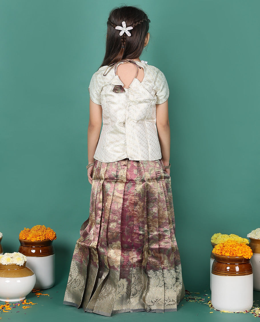 Brown readymade art silk pavadai, floral printed & contrast zari border skirt, & zari buttas half-sleeve round-neck blouse