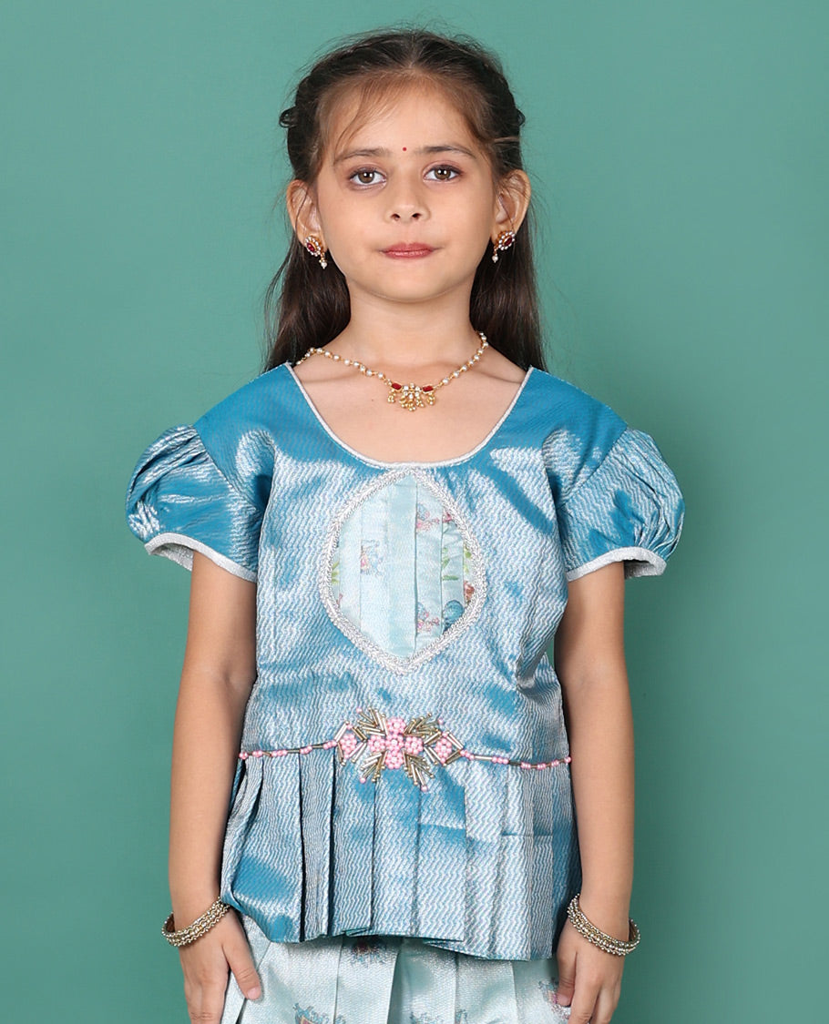 Blue readymade art silk pavadai, printed & contrast traditional border skirt, & jacquard puff-sleeve round-neck blouse