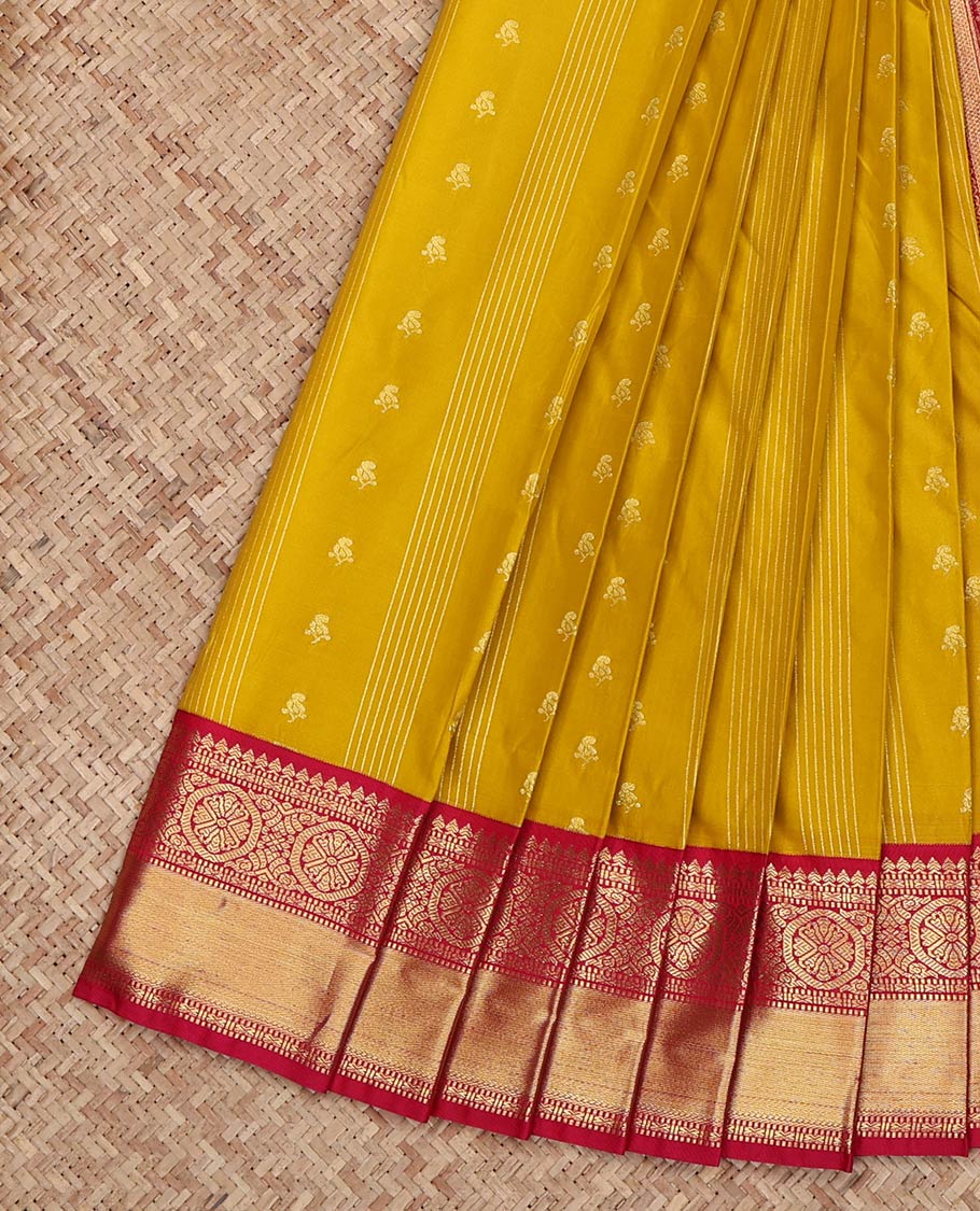 Yellow Budget Silk Saree, Subtly Sparkled with Zari Buttas and Stripes on Its Body, Complemented by a Contrast Traditional Zari Design Border, Grand Geometric Patterned Pallu, and Paired with a Contrast Blouse