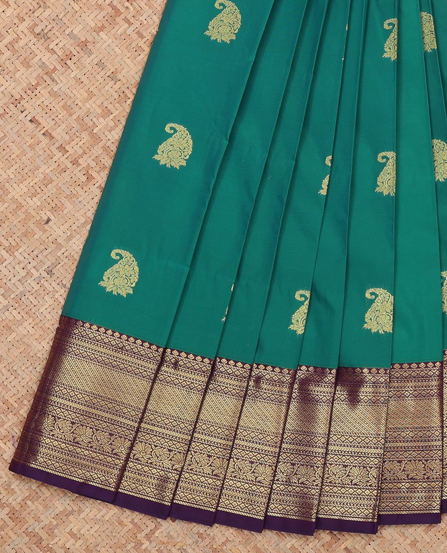 Blue Budget Silk Saree, Showcasing Zari Buttas, Complemented by a Contrast Traditional Zari Border, Grand Pallu, and Contrast Blouse