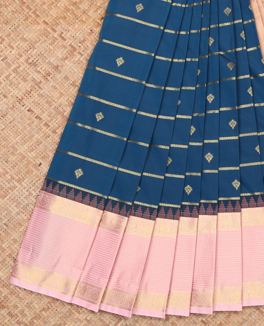 Blue Budget Silk Saree, Ornamented with Zari Buttas and Stripes, a Contrast Traditional Zari Temple Border, Grand Pallu, and a Contrast Blouse