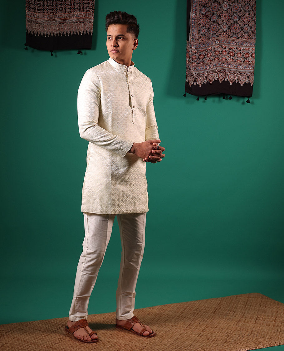 Ivory ogee patterns embossed full-sleeved men's kurta