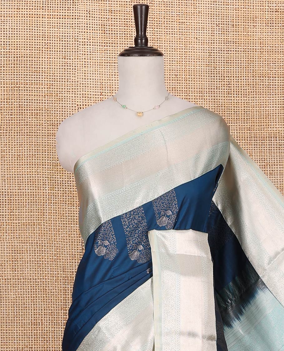 Blue Budget Silk Saree, Accentuated with Zari Buttas on Its Body, Complemented by a Contrast Traditional Zari Design Border, Intricately Designed Pallu, and Paired with a Contrast Blouse