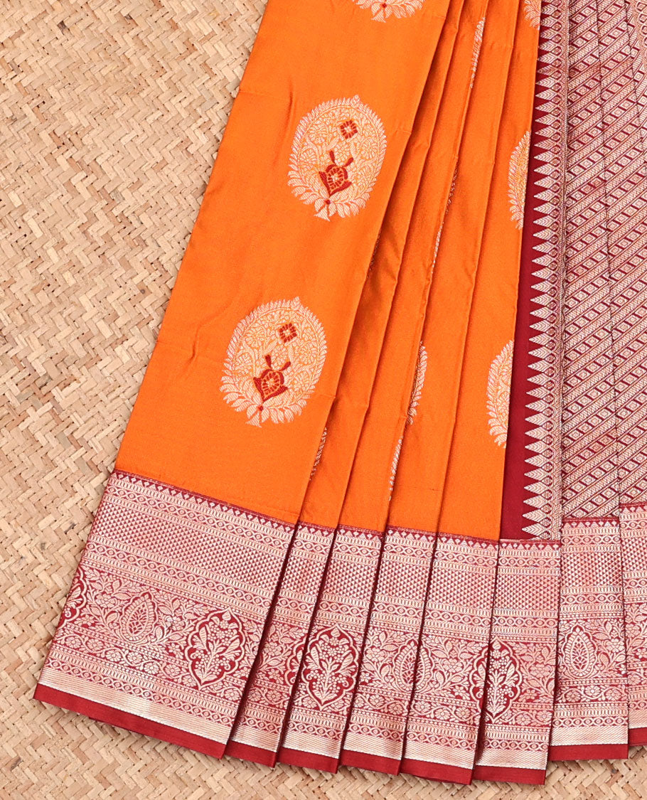 Orange Budget Silk Saree, Elegantly Bedecked with Zari Buttas, Complemented by a Contrast Traditional Zari Design Border, Grand Geometric Pallu, and Paired with a Contrast Blouse