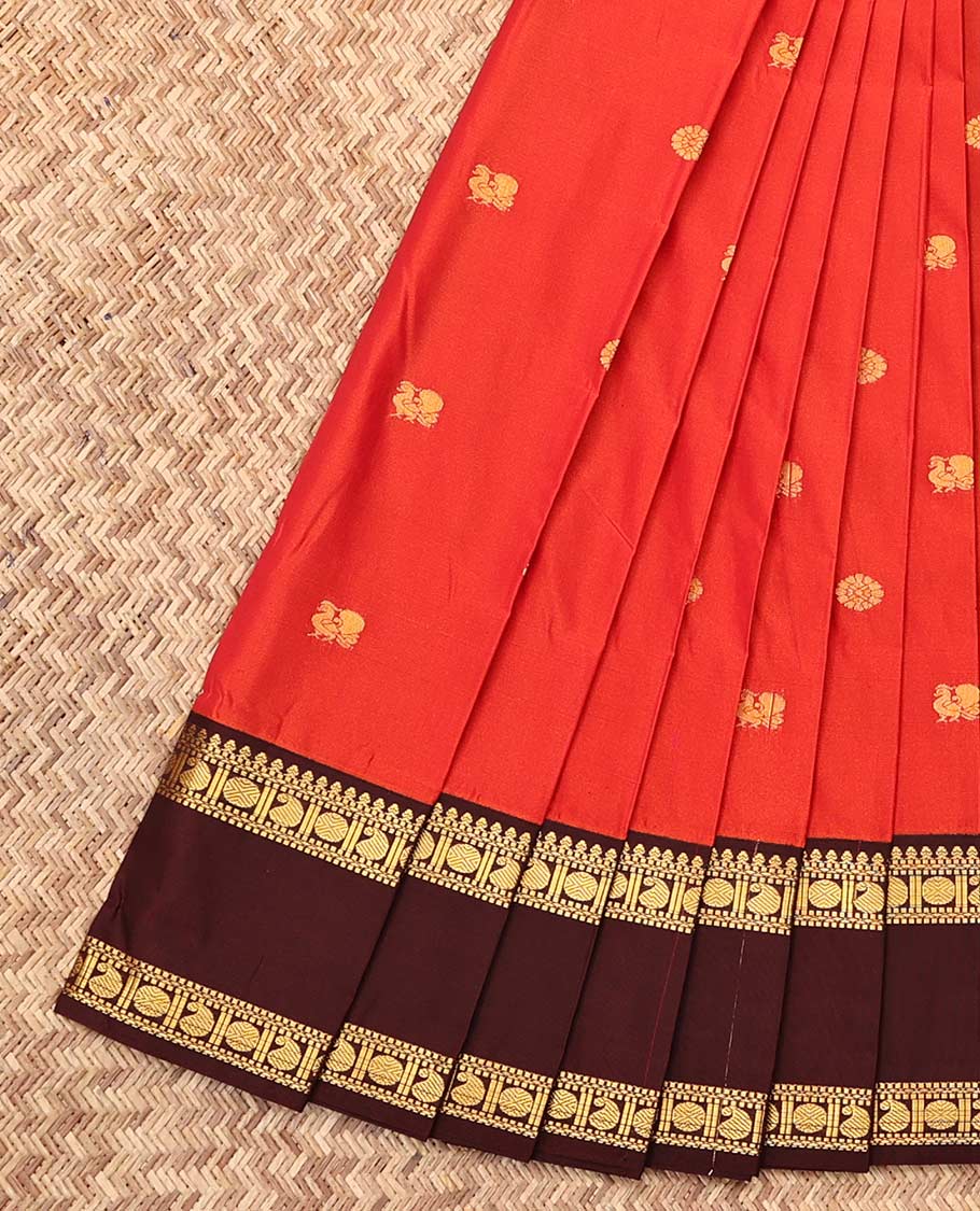 Orange Budget Silk Saree, Gleamed Up with Zari Buttas, Complemented by a Contrast Traditional Zari Rettai Pettu Border, Geometric Pallu, and a Contrast Blouse