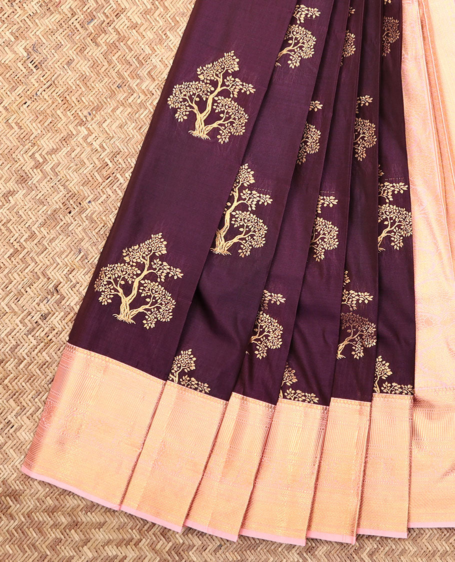 Wine Budget Silk Saree, Decorated with Tree Zari Buttas, Complemented by Contrast Traditional Zari Border, an Intricate Pallu and a Contrast Blouse
