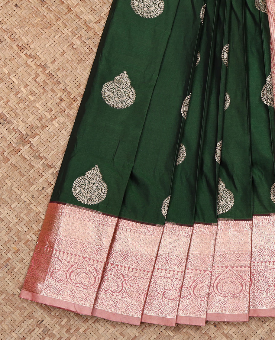 Green Budget Silk Saree, Woven with Zari Buttas All Over Its Body, Complemented by a Contrast Traditional Zari Design Border, Intricate Pallu, and Paired with a Contrast Blouse