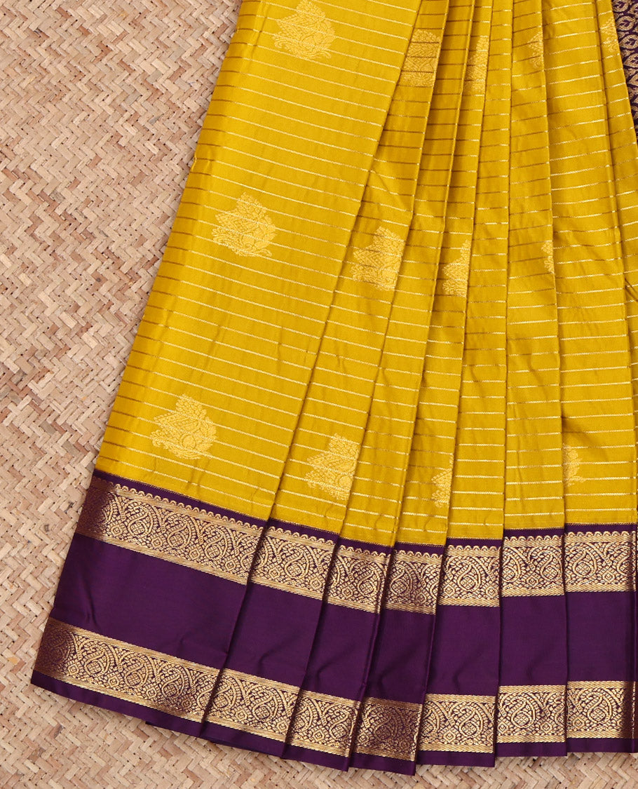 Yellow Budget Silk Saree, Subtly Sparkled with Zari Buttas and Stripes on Its Body, Complemented by a Contrast Traditional Zari Design Border, Grand Jaal Pallu, and Paired with a Contrast Blouse