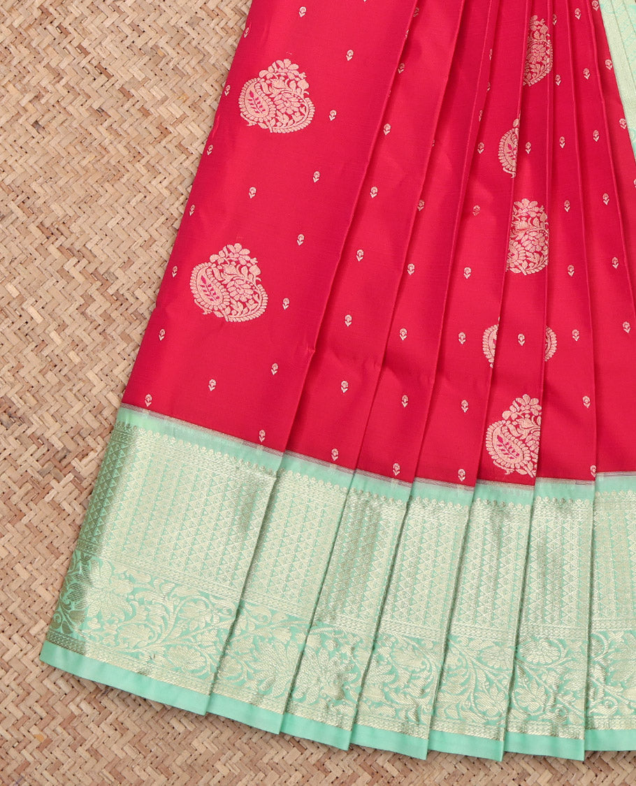 Pink Budget Silk Saree, Decorated with Zari Buttas, Contrast Traditional Zari Design Featured Border, Pallu of Jaal and Paisley Designs, and a Contrast Blouse