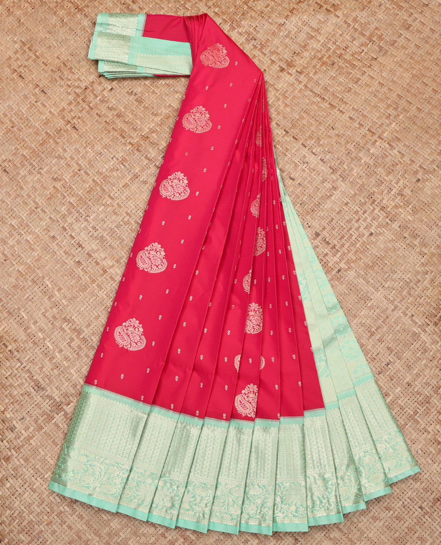 Pink Budget Silk Saree, Decorated with Zari Buttas, Contrast Traditional Zari Design Featured Border, Pallu of Jaal and Paisley Designs, and a Contrast Blouse