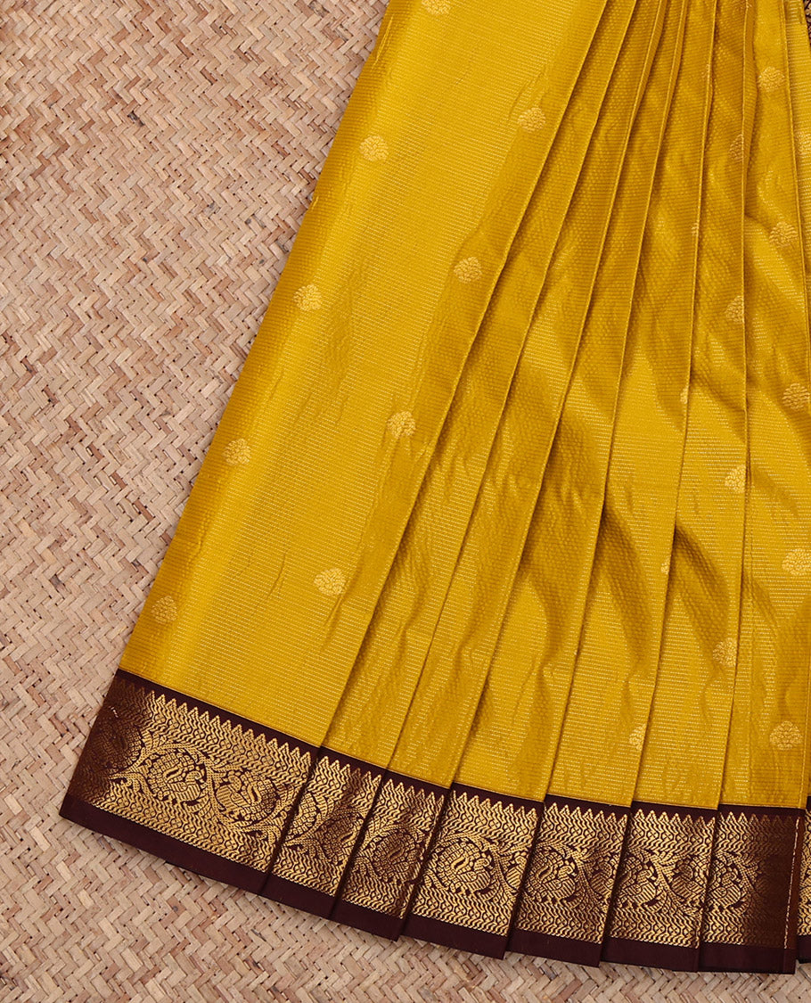 Yellow Budget Silk Saree, Sparsely Woven with Zari Buttas, Complemented by Contrast Traditional Border, Jaal Pallu and a Contrast Blouse