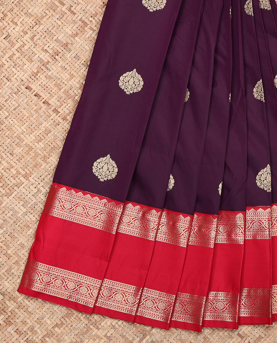 Wine Budget Silk Saree, Spotlighted with Zari Buttas, Contrast Traditional Zari Design Rettai Pettu Border, Grand Jaal Pallu, and a Contrast Blouse