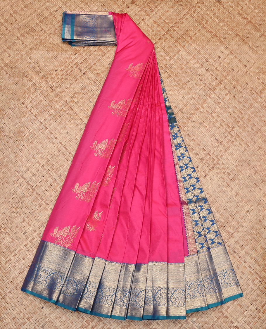Pink Budget Silk Saree, Bedecked with Zari Buttas, Contrast Traditional Zari Border, Grand Pallu, and a Contrast Blouse