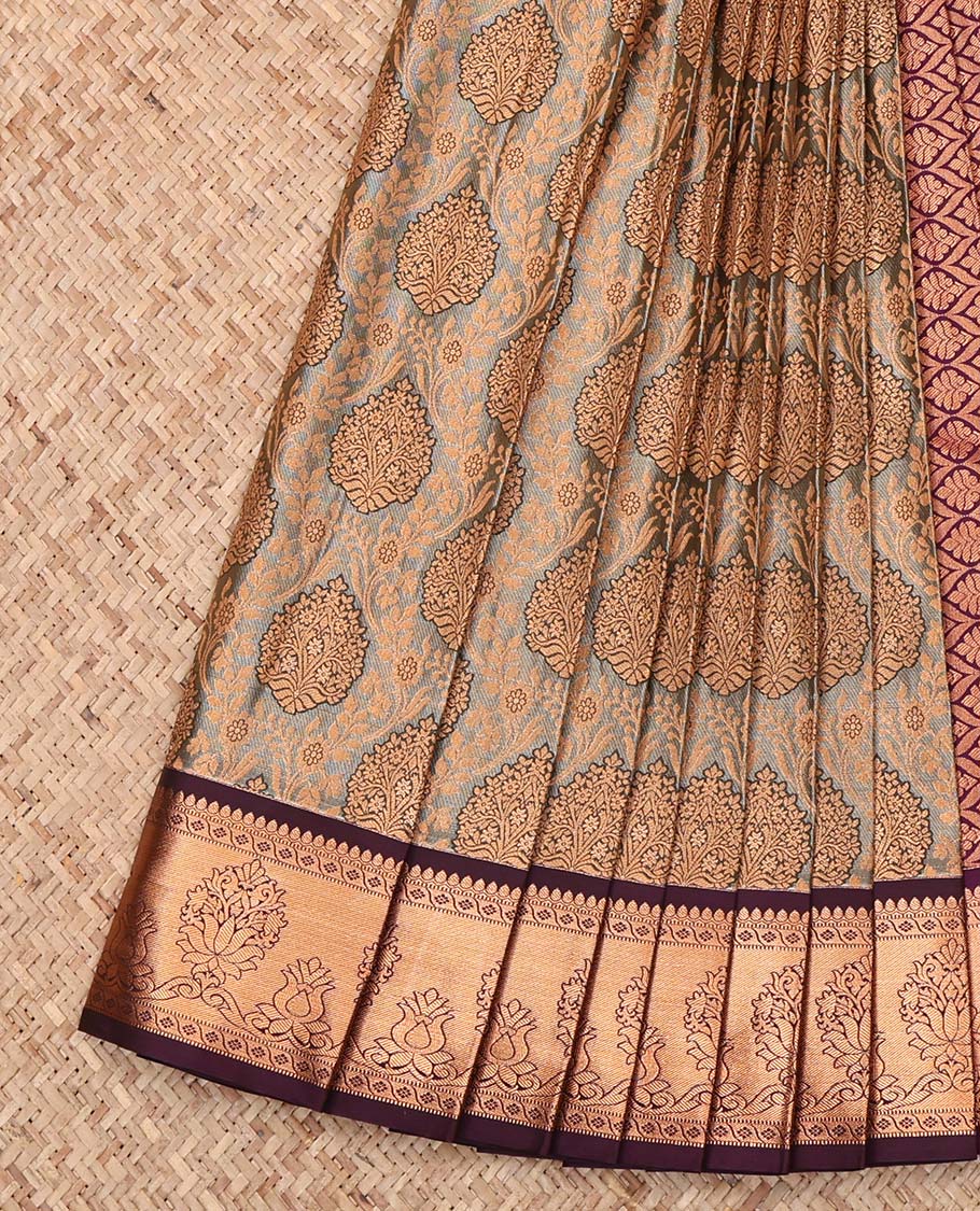 Grey Budget Silk Saree, Decorated with Jacquard Design, Complemented by a Contrast Intricate Zari Design Border, Grand Jaal Pallu, and a Contrast Blouse