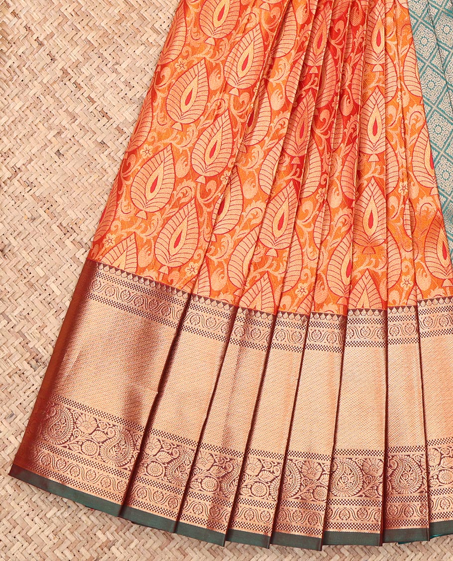 Orange Budget Silk Saree, Decorated with Jacquard Design, Complemented by a Contrast Traditional Zari Border, Grand Jaal Pallu, and a Contrast Blouse