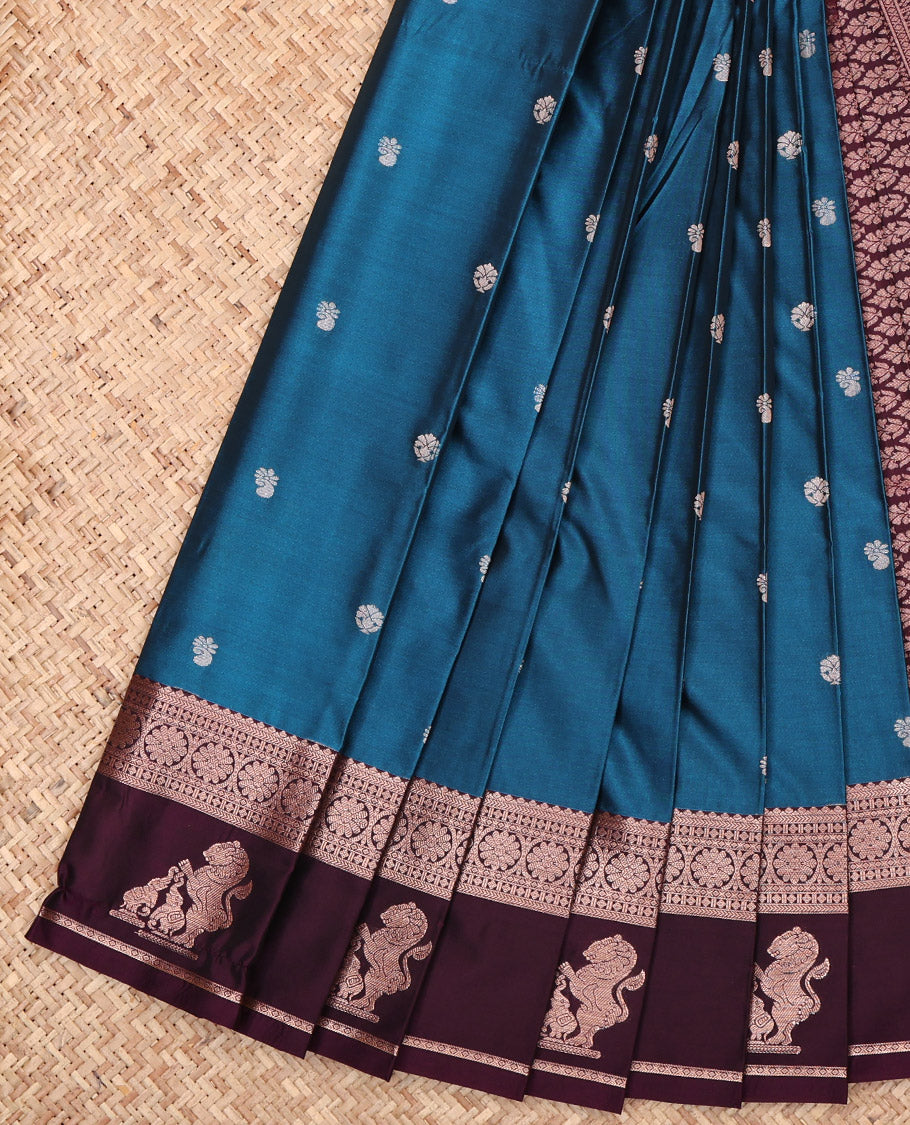Blue Budget Silk Saree, Elevated with Zari Buttas, Complemented by a Contrast Traditional Zari Border of Singam Designs, Grand Pallu, and a Contrast Blouse