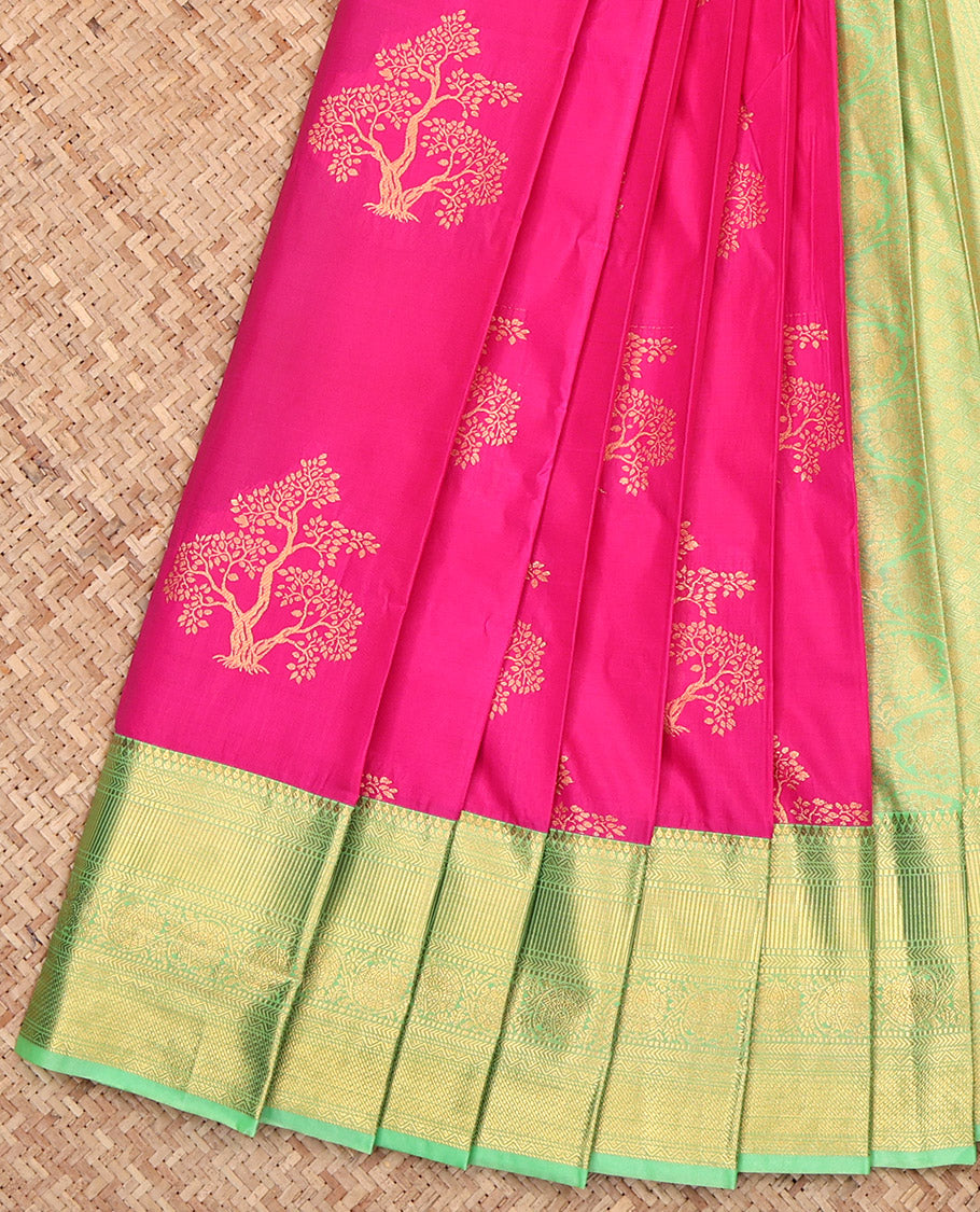 Rani Pink Budget Silk Saree, Delicately Woven with Tree Zari Buttas, Complemented by a Contrast Traditional Border, Grand Pallu, and a Contrast Blouse
