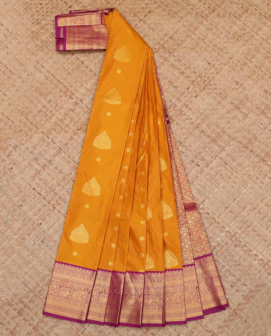 Orange Budget Silk Saree, Enhanced with Zari Buttas, a Contrast Traditional Zari Border, an Intricate Pallu and a Contrast Blouse