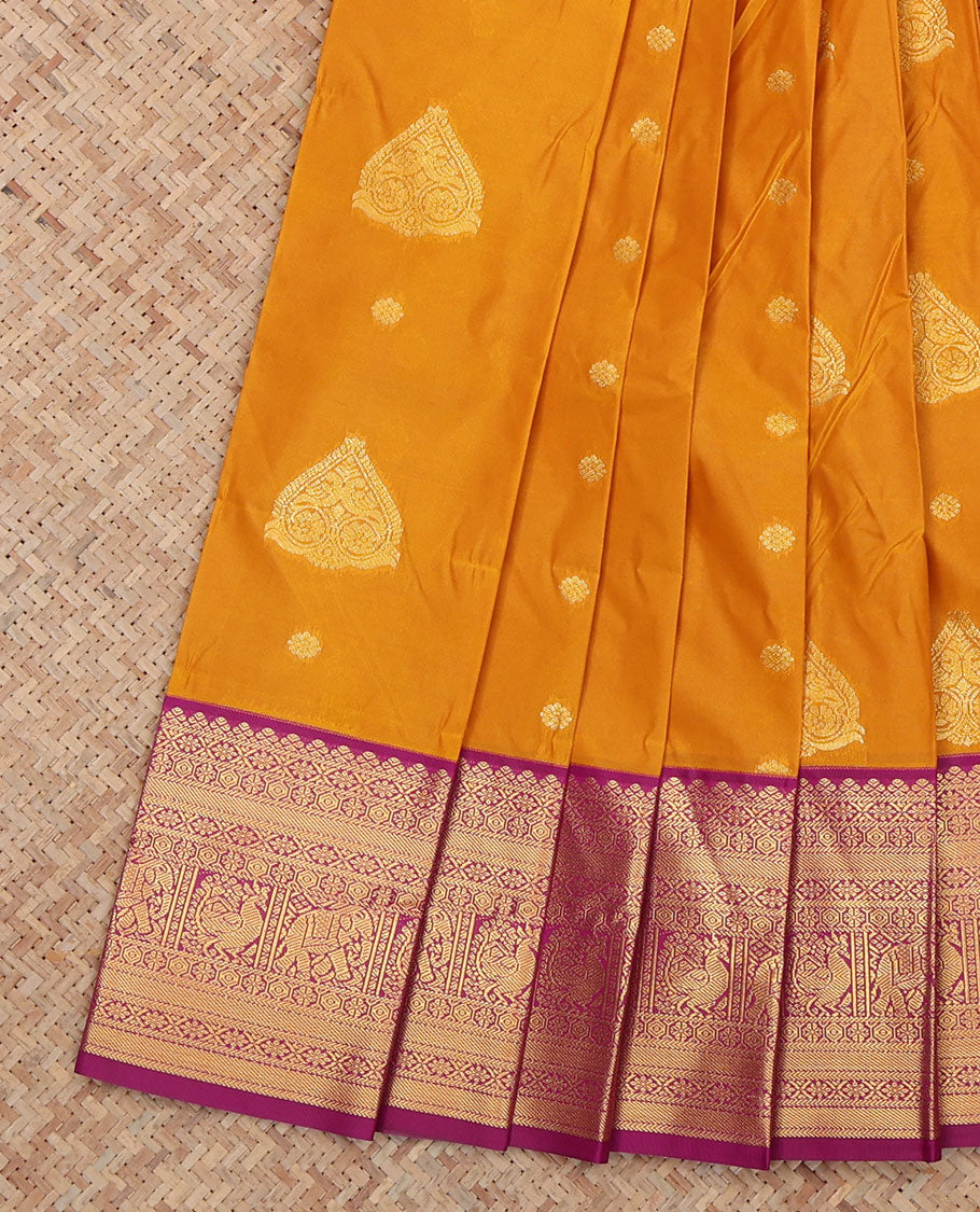Orange Budget Silk Saree, Enhanced with Zari Buttas, a Contrast Traditional Zari Border, an Intricate Pallu and a Contrast Blouse