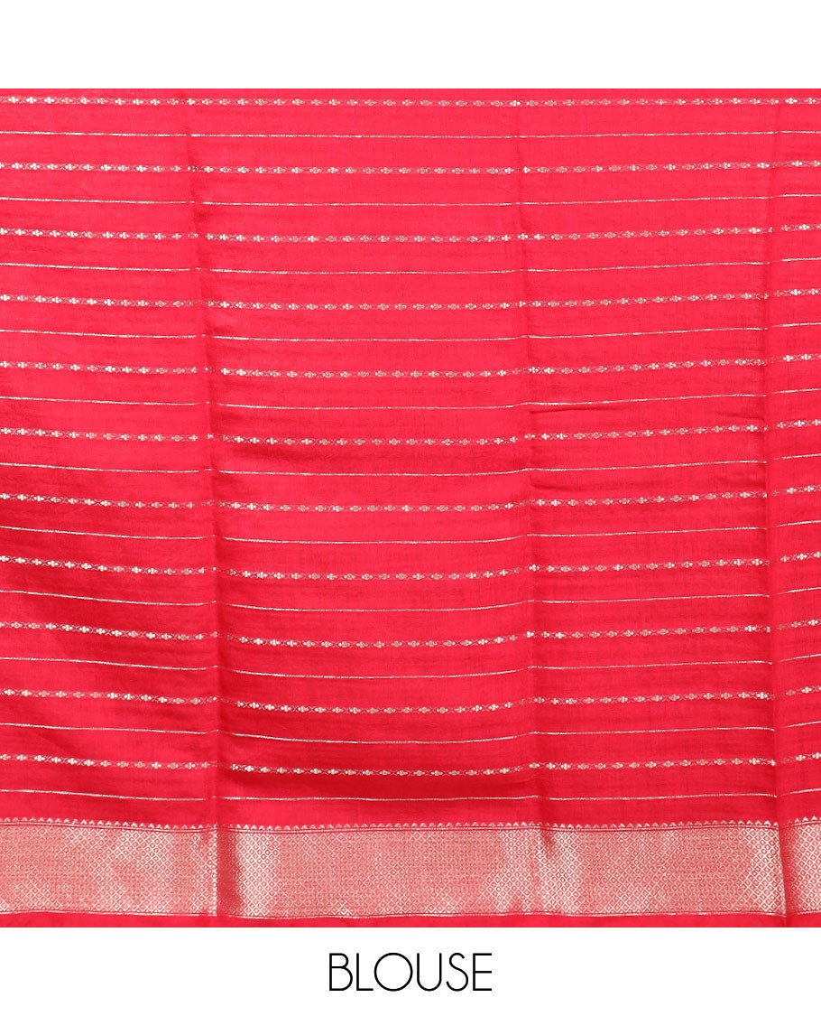 Orange zari striped assam silk saree, contrast traditional zari border, and zari striped pallu