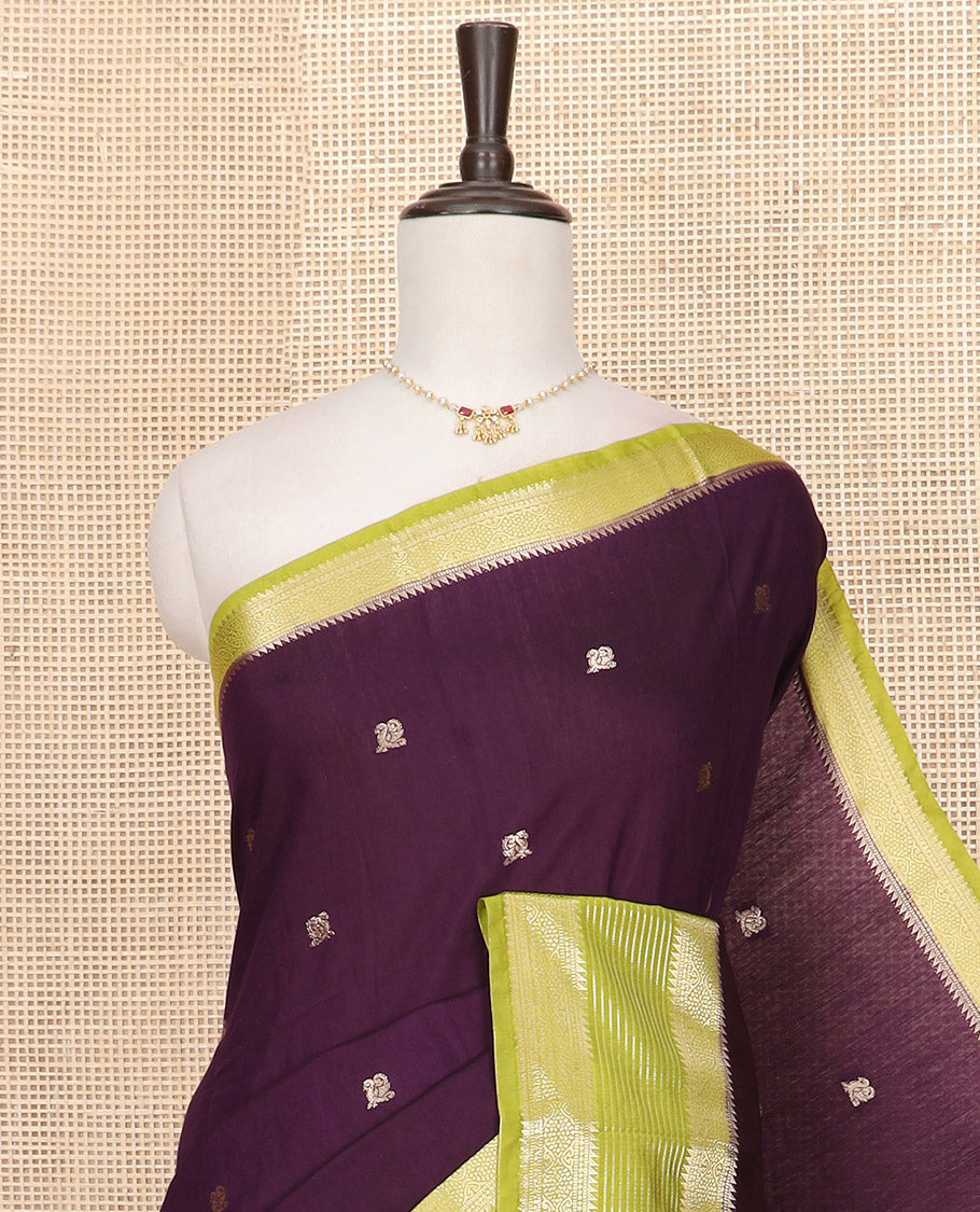 Eggplant purple peacock buttas Assam silk saree, contrast traditional zari border, and pallu of zari designs