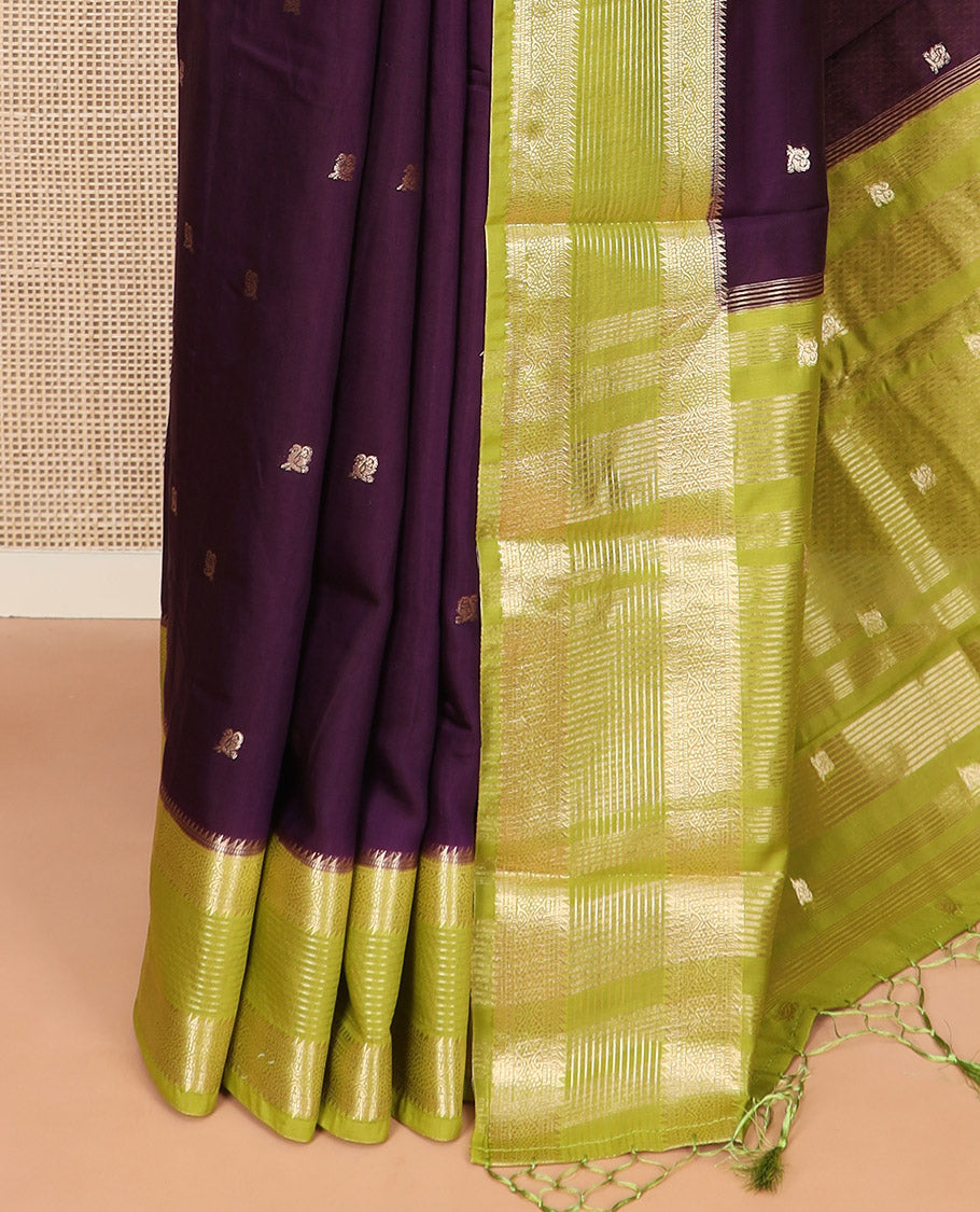 Eggplant purple peacock buttas Assam silk saree, contrast traditional zari border, and pallu of zari designs