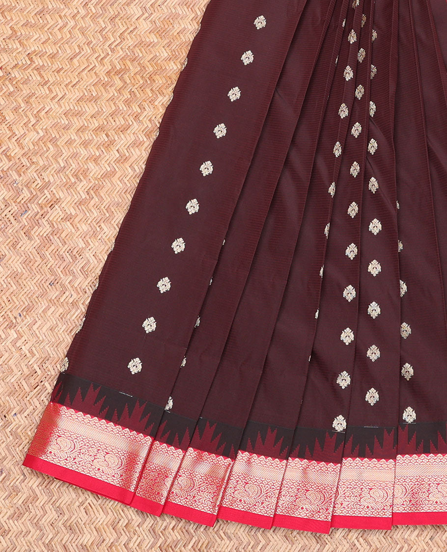 Brown Budget Silk Saree, Ornamented with Zari Buttas, Contrast Traditional Zari Temple Border, Grand Jaal Pallu, and a Contrast Blouse