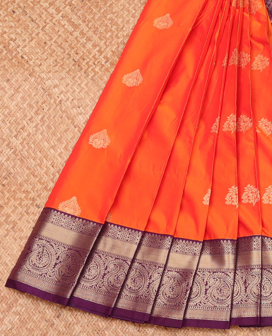 Orange Budget Silk Saree, Boldly Sparkled with Zari Buttas and Checks, Complemented by a Contrast Traditional Zari Border, Grand Pallu, and a Contrast Blouse