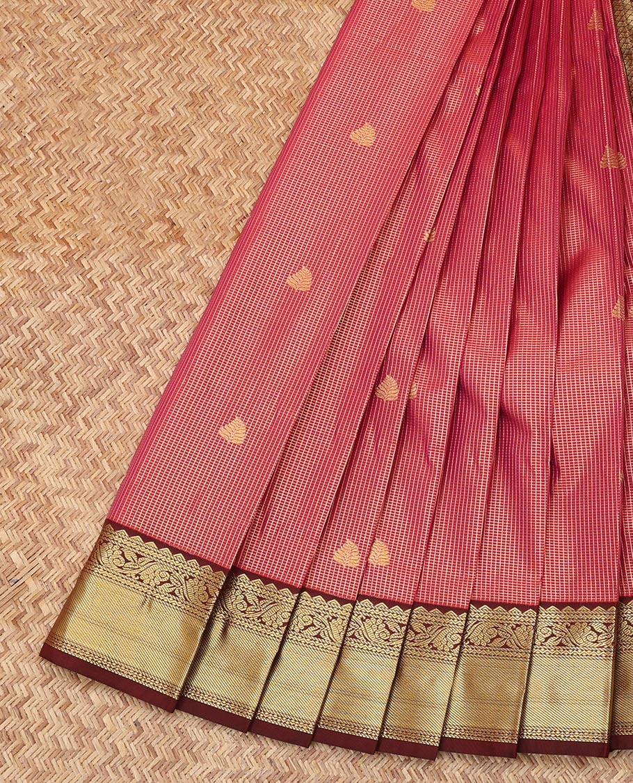 Red Budget Silk Saree, Elevated with Checks and Buttas, Complemented by Contrast Traditional Zari Border, a Grand Jaal Pallu and a Contrast Blouse
