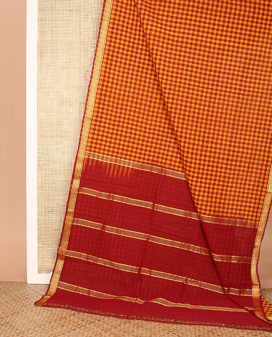 Multi-color micro-checked Andhra cotton saree, zari paisleys border, and pallu of zari stripes