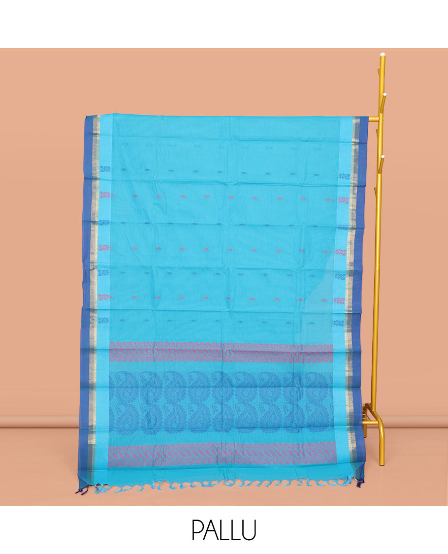 Blue Kanchi Cotton Saree, Accentuated with Buttas All Over Its Body, Complemented by a Contrast Border, Pallu of Paisley Designs, and Paired with a Matching Blouse