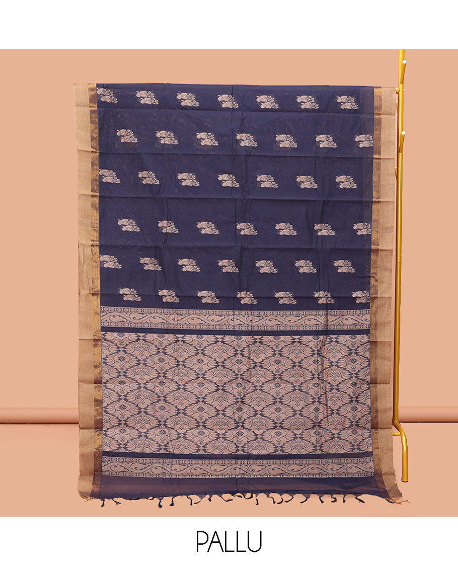 Navy Kanchi Cotton Saree, Adorned with Buttas, Complemented by a Contrast Border, Intricate Pallu, and a Matching Blouse
