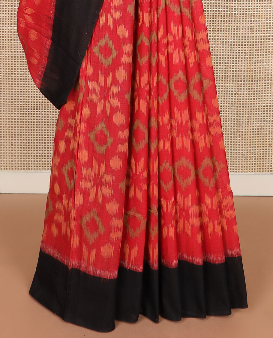 Red jaal-patterned Pochampally cotton saree, contrast border & pallu of ikkat designs
