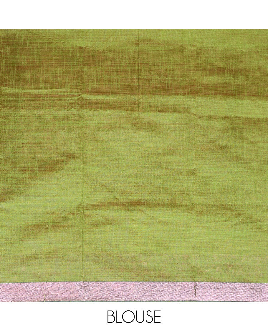 Pink warli motifs printed Andhra cotton saree, floral creeper zari border, and contrast warli printed pallu