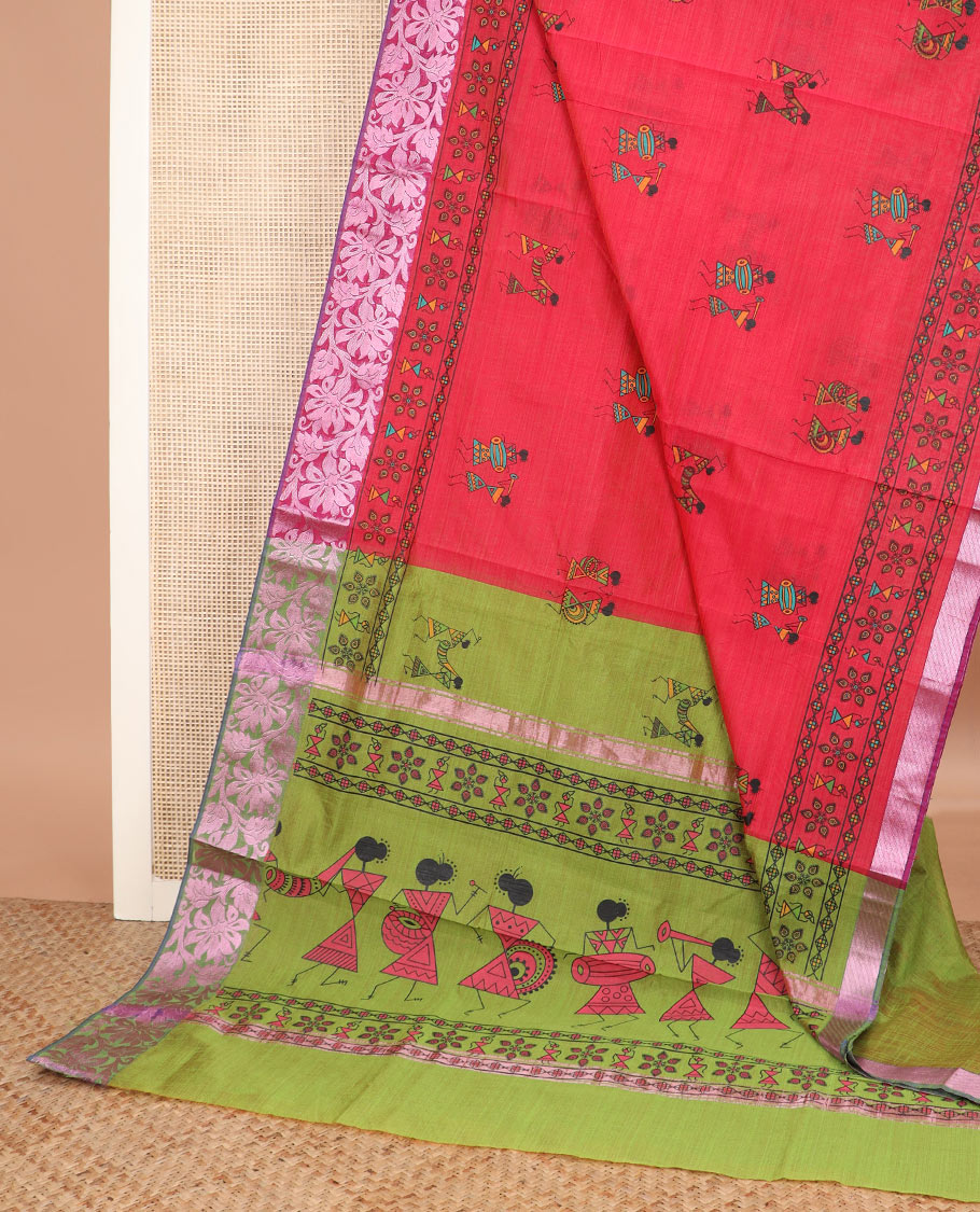 Pink warli motifs printed Andhra cotton saree, floral creeper zari border, and contrast warli printed pallu
