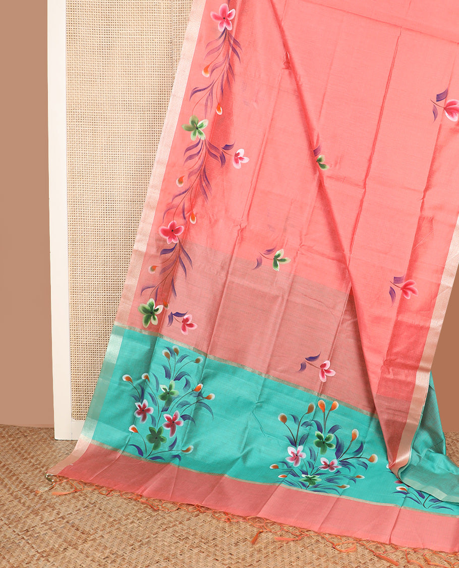 Peach hand-brush painting floral printed Chirala cotton saree, bavanji border, and hand-brush painting style floral printed pallu