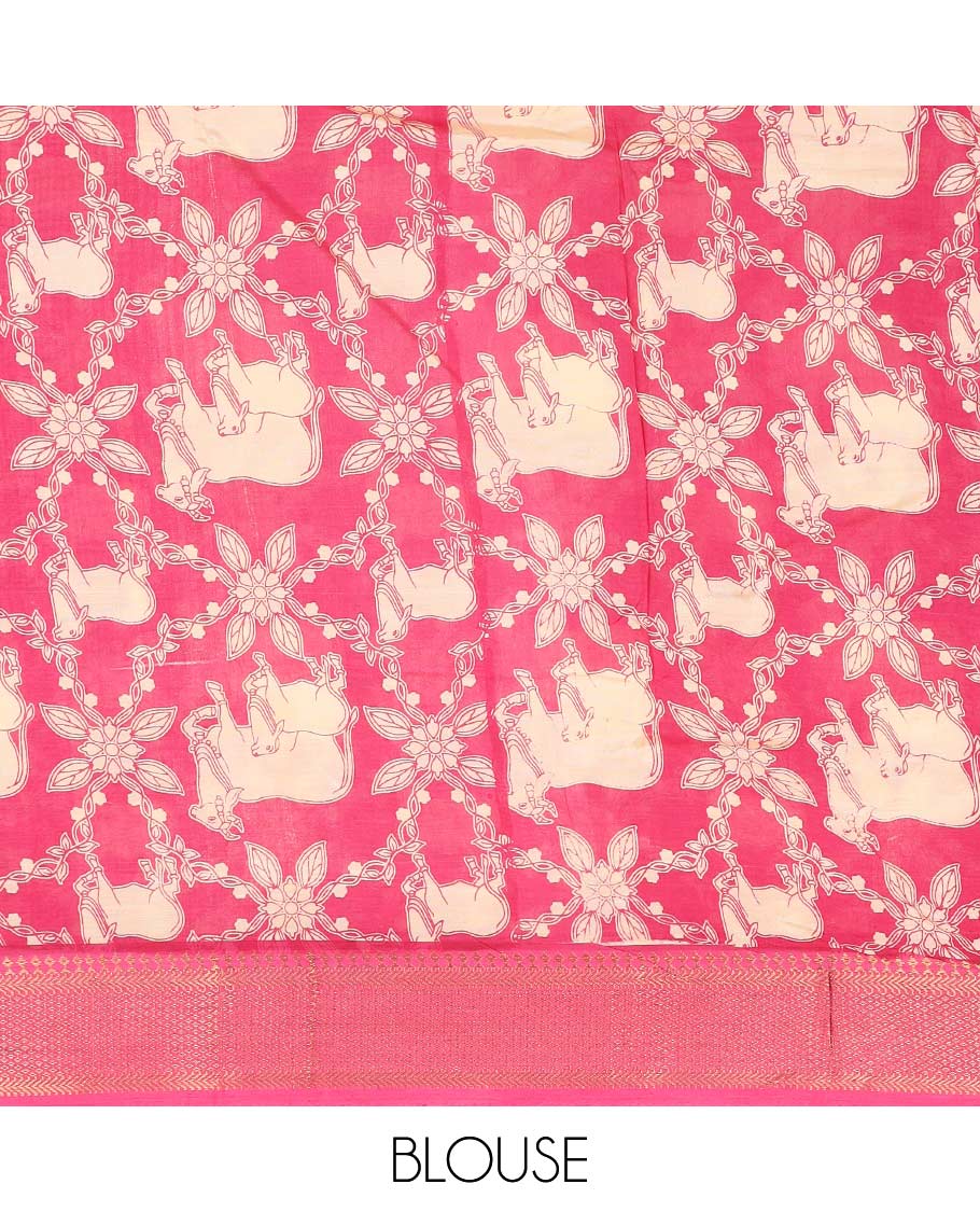 Light sandal flora-fauna motifs machine printed kalamkari cotton saree, contrast traditional zari blue border, and peacock printed pallu