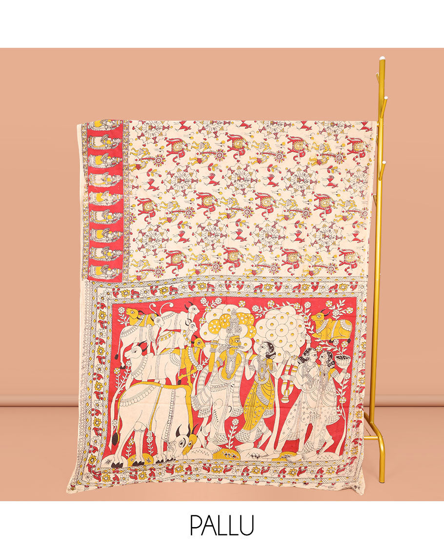 Light Sandal Machine-Printed Kalamkari Cotton Saree, Artfully Printed with Warli-Motifs on Its Body, Complemented by a Contrast Human Motifs Printed Border, Pallu of Lord Radha Krishnan Print, and Paired with a Printed Blouse