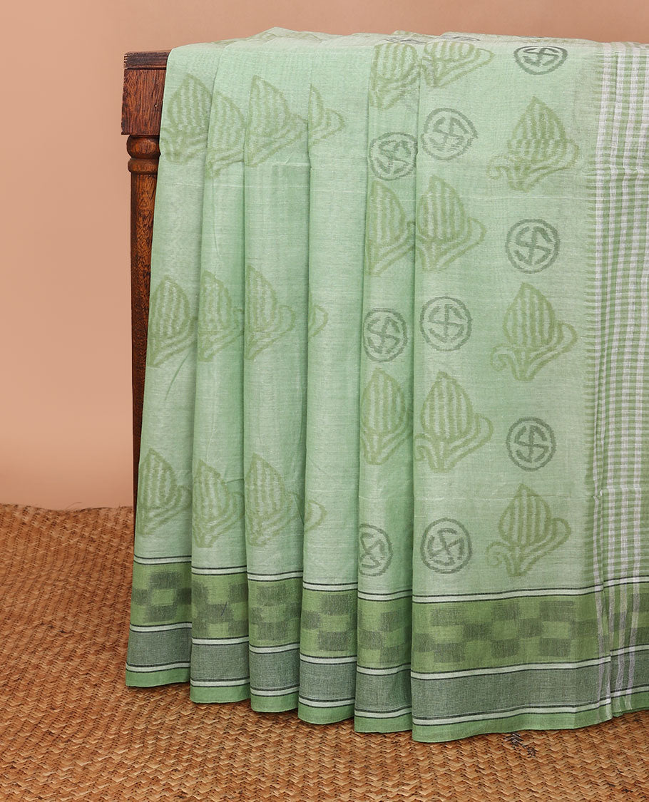 Green uniquely printed Bengal cotton saree, ikkat-style checked border & uniquely printed pallu