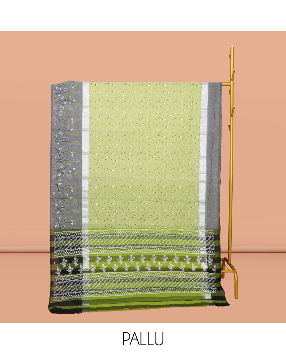 Pale Green Chirala Cotton Saree, Steeped with Floral-Bird Print, a Contrast Border, Printed Pallu, and a Matching Blouse