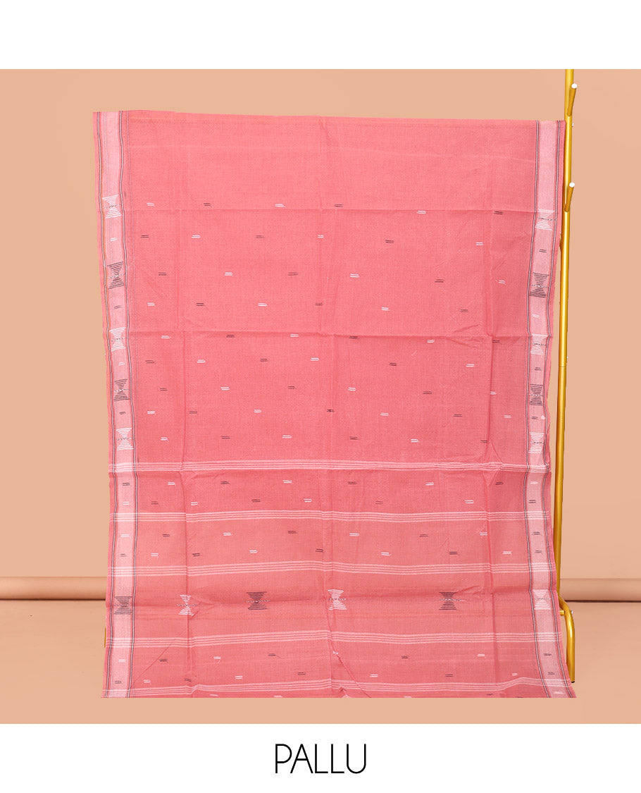 Pink Bengal Cotton Saree, Woven with Buttas, a Subtle Border, Pallu of Stripes, and a Matching Blouse