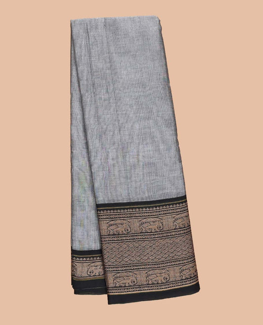Grey plain Narayanapet cotton saree, contrast traditional design border & striped pallu