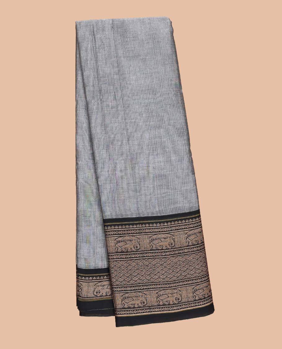 Grey plain Narayanapet cotton saree, contrast traditional design border & striped pallu