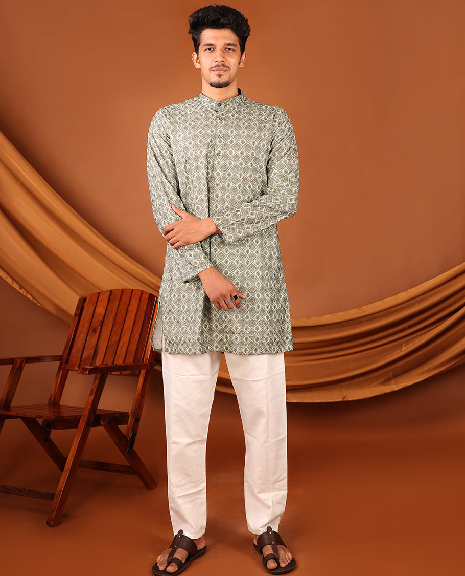 Green Geometric-style Jaal Design Full-Sleeved Men's Kurta